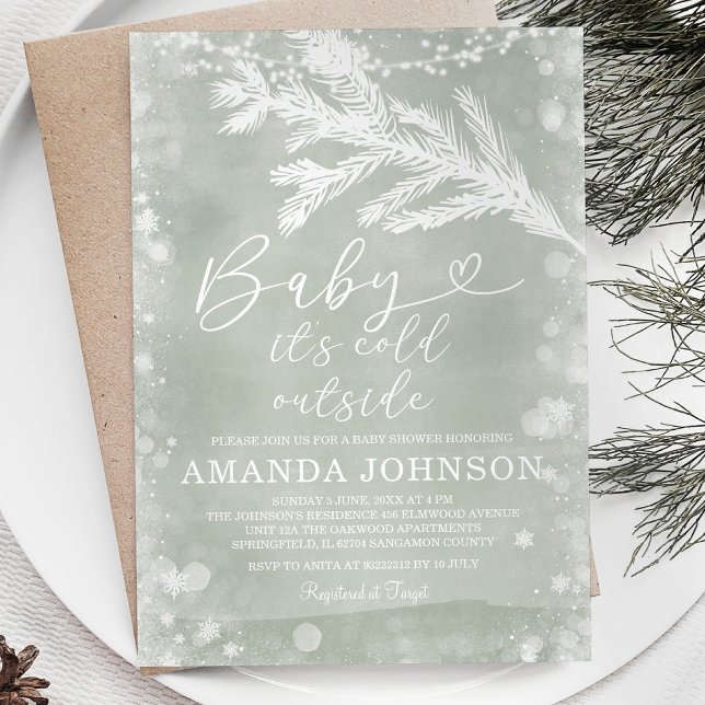 Sage Green It's Cold Outside Christmas Baby Shower Invitation (Creator Uploaded)