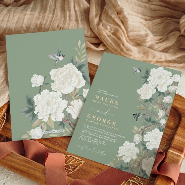 Sage Green Ivory Chinoiserie Flower Garden Wedding Invitation (Creator Uploaded)