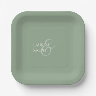 Sage Green & Ivory Couple Monogram Thank You Paper Plate