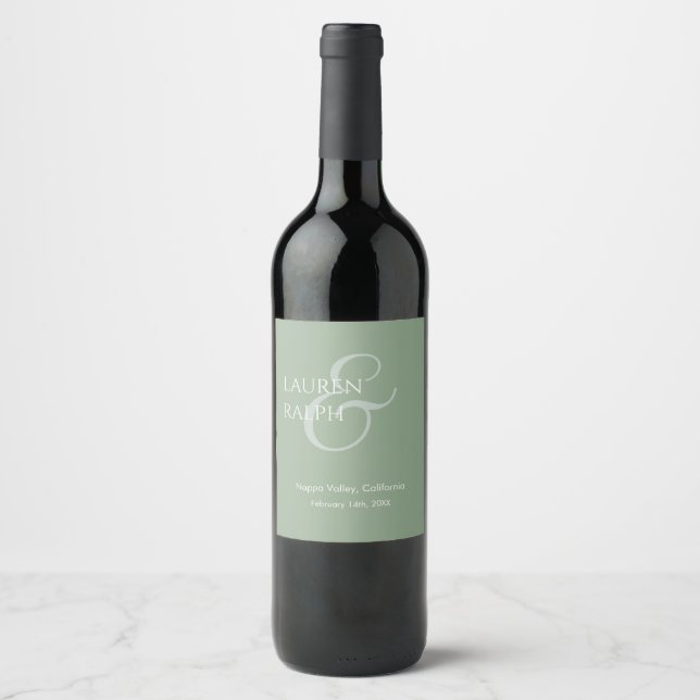 Sage Green & Ivory Couple Monogram  Wine Label (Front)