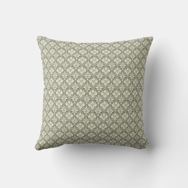 Sage Green & Ivory Damask Print Throw Cushion (Back)