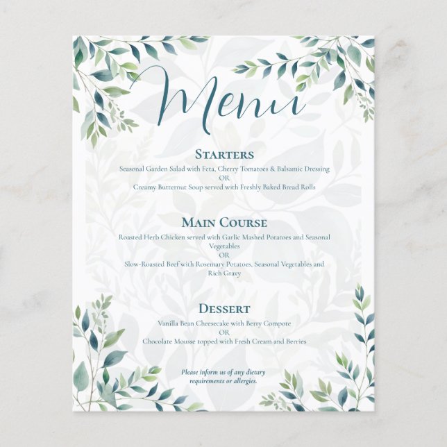 Sage Green Ivory Eucalyptus Budget Wedding Menu (Front)