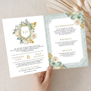 Sage Green Ivory Floral All in One Crest Wedding Invitation