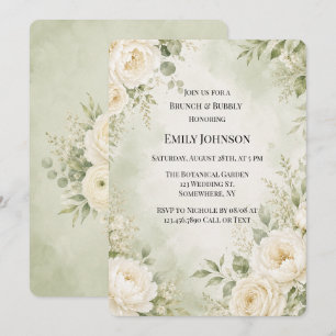 Sage Green Ivory Floral Brunch & Bubbly Invitation