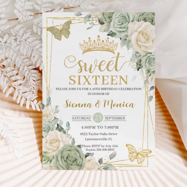 Sage Green Ivory Floral Butterfly Sweet 16 Twins  Invitation (Creator Uploaded)