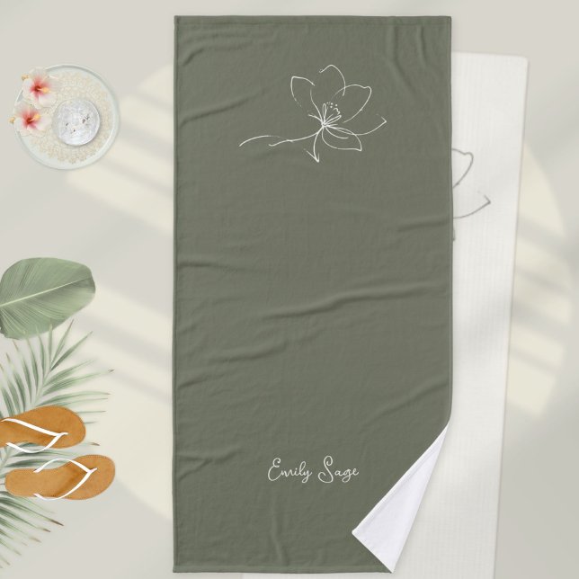 Sage Green Ivory Floral Line Art Minimalist Zen Bath Towel (Minimalist Floral Zen Line Art Ivory Sage Green Bath Towel ©Susanne Sachers - Sunny Wanderlust 🌞✈️)