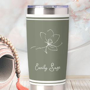Sage Green Ivory Floral Line Art Striped Insulated Tumbler