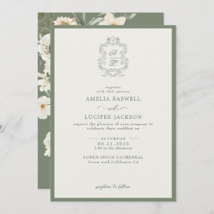 Sage Green & Ivory Floral Monogram Crest Wedding Invitation