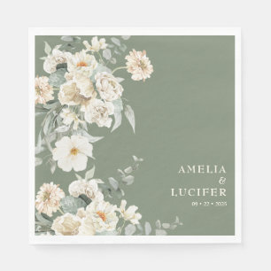 Sage Green & Ivory Floral Monogram Crest Wedding Napkin