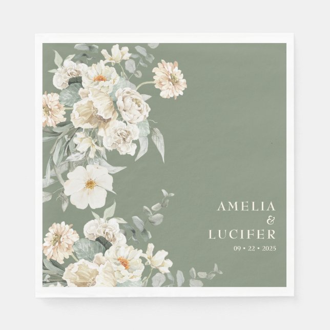 Sage Green & Ivory Floral Monogram Crest Wedding Napkin (Front)