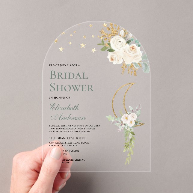 Sage Green Ivory Floral Moon Bridal Shower Acrylic Invitations (Insitu (Handheld))