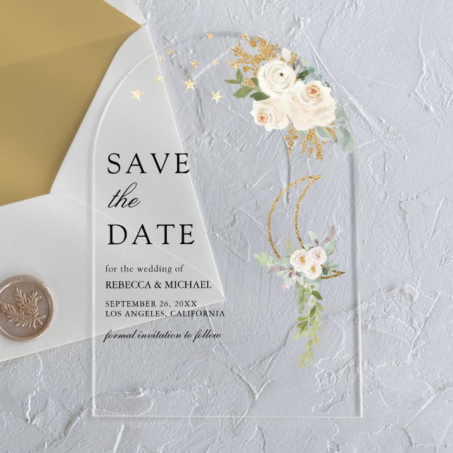 Sage Green Ivory Floral Moon Wedding Save the Date Acrylic Invitations (Creator Uploaded)