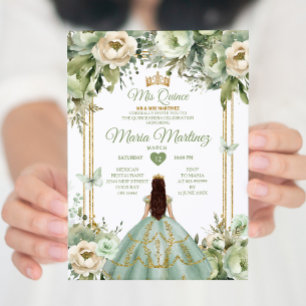 Sage Green & Ivory Floral Princess Quinceañera Invitation