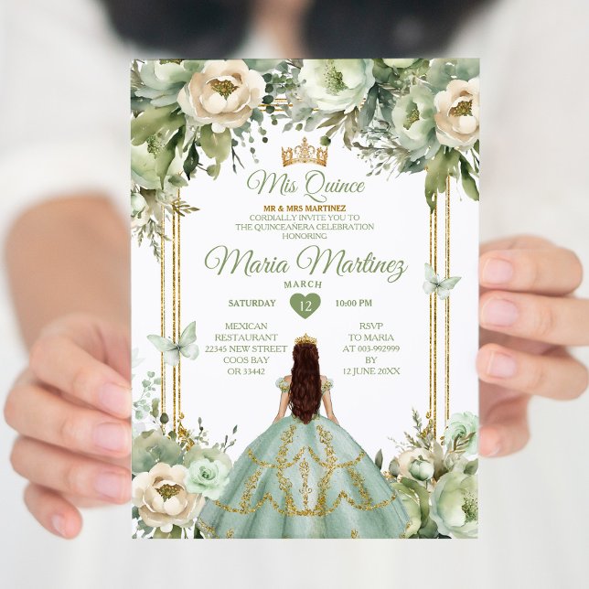 Sage Green & Ivory Floral Princess Quinceañera Invitation (Creator Uploaded)