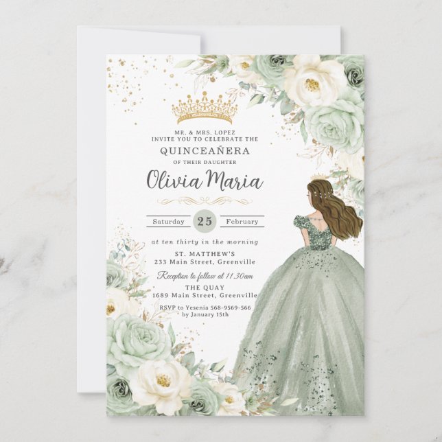 Sage Green Ivory Floral Princess Quinceañera XV 15 Invitation (Front)