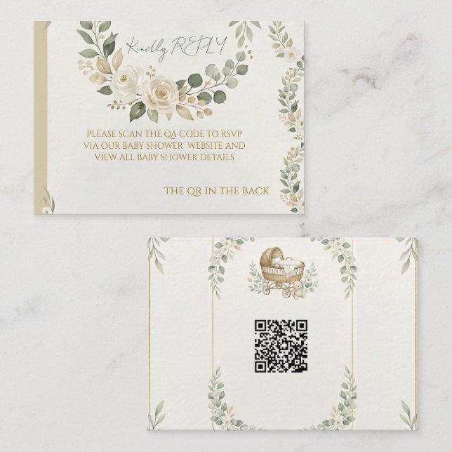 Sage Green & Ivory Floral QR Code RSVP Card (Front/Back)