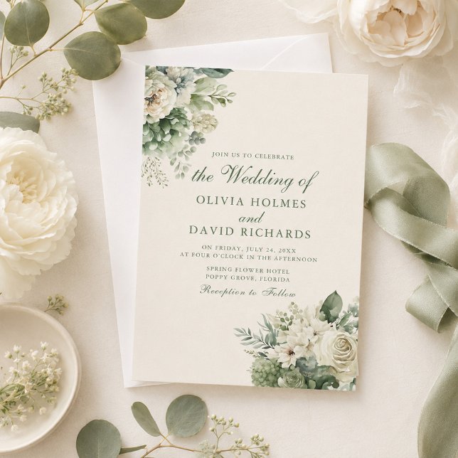 Sage Green & Ivory Floral Wedding Invitation (Boho Sage Green & Ivory Floral Wedding Invitation on a table with ivory flowers and ribbons)