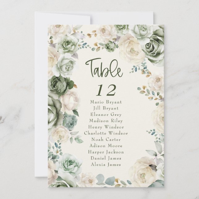 Sage Green Ivory Flower Wedding Seating Chart Card (Front)