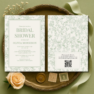 Sage Green Ivory French QR Code Bridal Shower Invitation