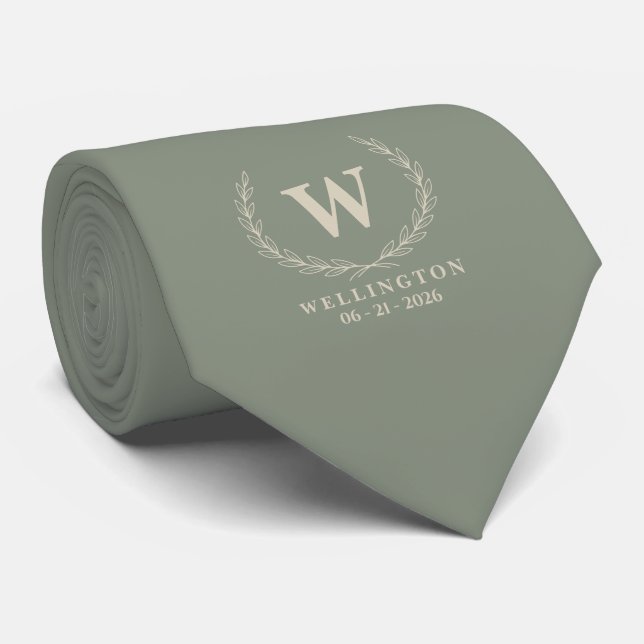 Sage Green Ivory Laurel Monogram Name and Wedding  Tie (Rolled)