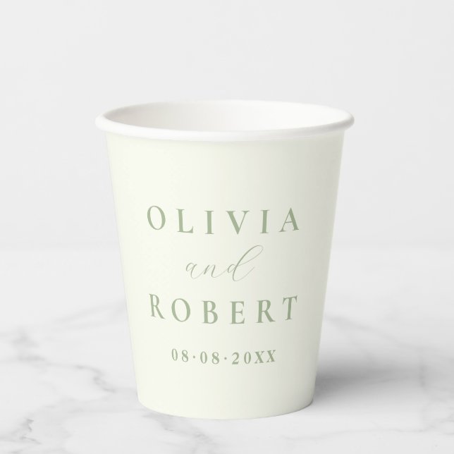 Sage Green Ivory Minimalist Wedding Monogram Paper Cups (Front)