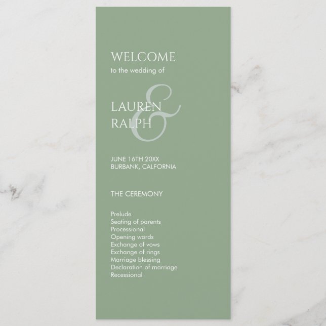 Sage Green Ivory Monogram Welcome Wedding Program Programme (Front)