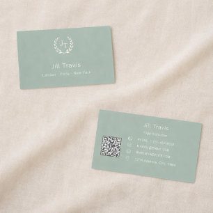 Sage green ivory monogrammed wreath modern QR code Business Card