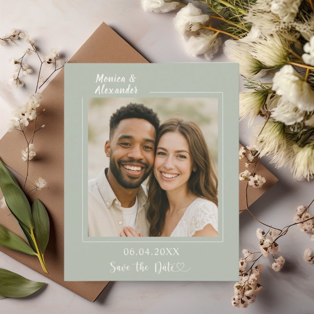 Sage green ivory photo wedding Save the Date card (Creator Uploaded)