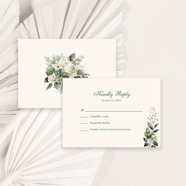 Sage Green & Ivory Wildflowers Wedding RSVP Card (Sage Green & Ivory Wildflowers Wedding RSVP Card on a sunny white table with dry palm leaf.)