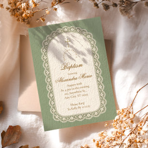 Sage Green Lace Arch Baptism Invitation