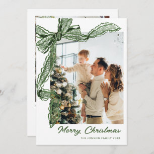 Sage Green Lace Christmas Bow Ribbon 2 Photo Holiday Card