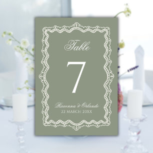 Sage Green Lace Old Money Romantic Rustic Wedding Table Number