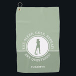 Sage Green Lady Golfer Personalized Sports Quote Golf Towel<br><div class="desc">A modern sage green golf towel featuring a two‑tone color block,  white typography,  and a bold lady golfer silhouette. The “Eat,  Sleep,  Golf,  Repeat” quote brings a fun,  sporty touch,  and the name template makes personalization easy. A stylish,  high‑quality accessory for women golfers—ideal for everyday rounds,  tournaments,  or gifting.</div>