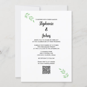 Sage Green Leaf Black Script QR Code Wedding Invitation