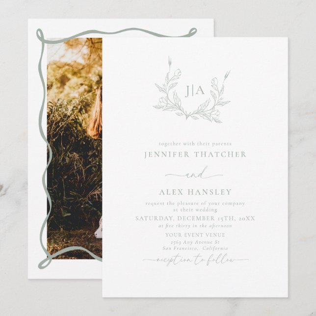 Sage Green Leaf Botanical Monogram Photo Wedding Invitation (Front/Back)