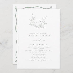  Sage Green Leaf Botanical Monogram Photo Wedding Invitation
