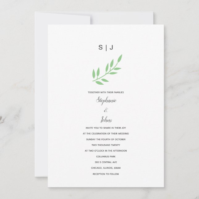 Sage Green Leaf Grey Monograms Name Boho Wedding Invitation (Front)