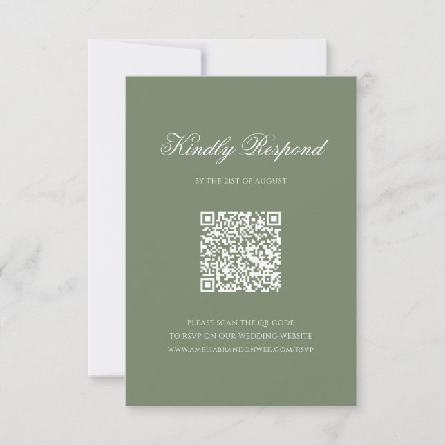 Sage Green Leaf Monogram Crest QR Code Wedding RSVP Card (Front)
