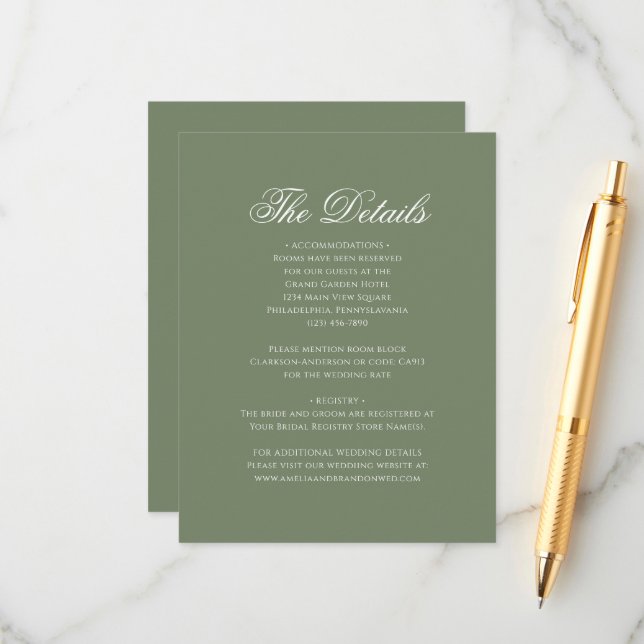 Sage Green Leaf Monogram Crest Wedding Details Enclosure Card (Front/Back In Situ)