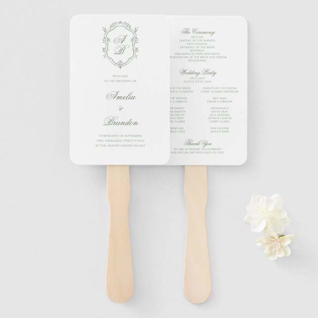 Sage Green Leaf Monogram Crest Wedding Program Hand Fan (Front and Back)