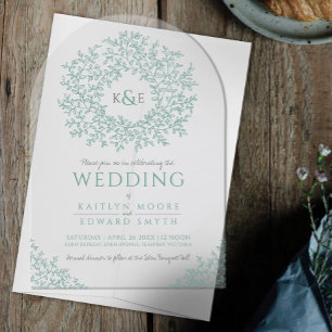 Sage green leaf monogram line art  acrylic invitations