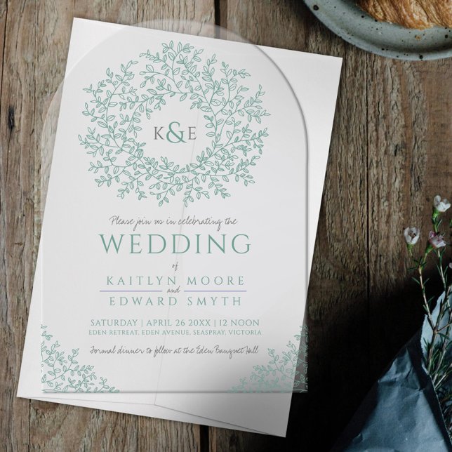Sage green leaf monogram line art  acrylic invitations (Creator Uploaded)