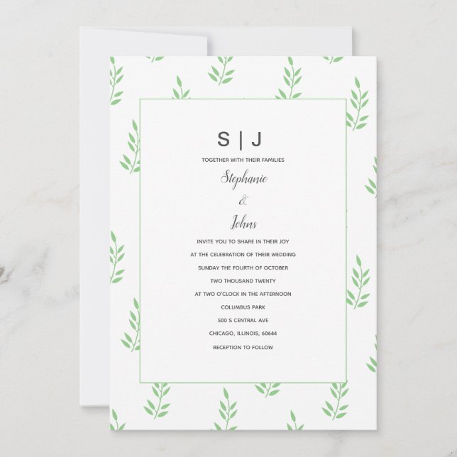 Sage Green Leaf Monogram Minimal Simple Wedding Invitation (Front)