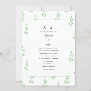 Sage Green Leaf Monogram Minimal Simple Wedding Invitation