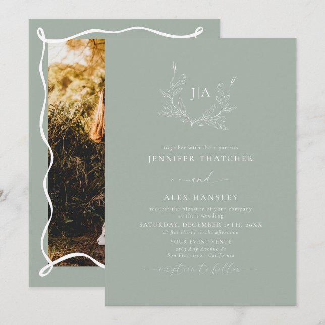 Sage Green Leaf | Monogram Photo Wedding Invitation (Front/Back)