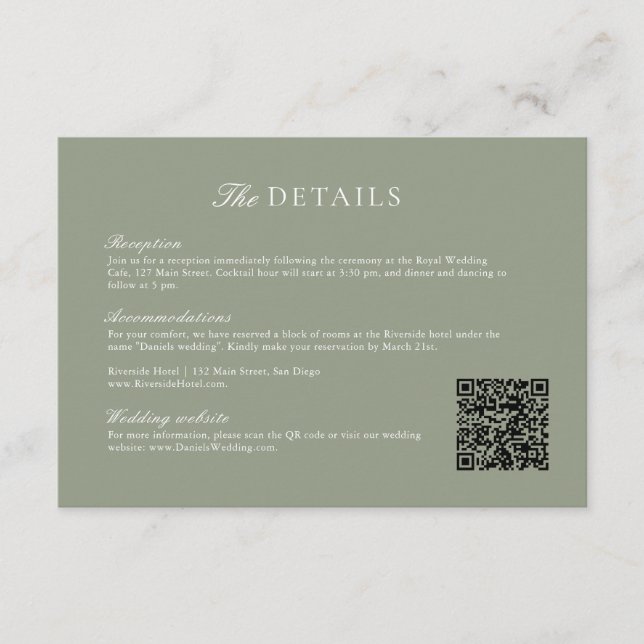 Sage Green Leaf Monogram Wedding QR Code Details Enclosure Card (Front)