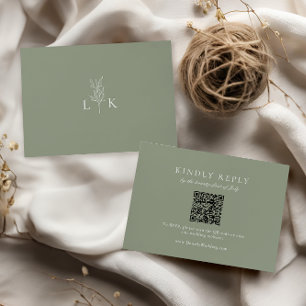 Sage Green Leaf Monogram Wedding QR Code RSVP  Enclosure Card