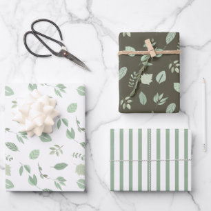 Sage Green Leaf Pattern   Stripes Pattern Wrapping Paper Sheet