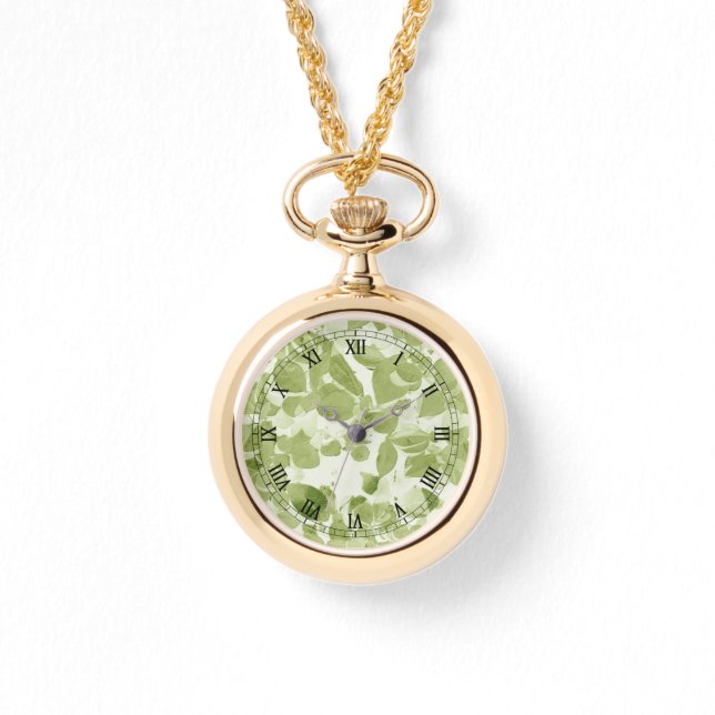 Sage Green Leaf Pattern, Vintage Inspired Watch (Front)