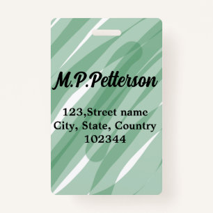 Sage green leafy add name address text pattern boh ID badge